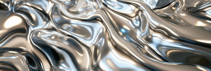 Highly reflective liquid metal waves with a flowing, organic and smooth silver surface, creating a mesmerizing pattern.