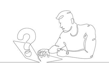 One continuous line.Man is sitting at a laptop. Search for an answer to a question on the Internet. Computer work.One continuous line drawing. Line Art isolated white background.