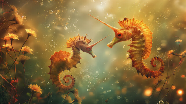 Two whimsical seahorses, reminiscent of unicorns, float amidst a dreamlike underwater scene with dappled light and floating bubbles.