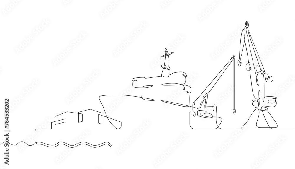 Poster one continuous line. cargo seaport. pier with loading cranes. unloading arrived cargoes. port dock. 