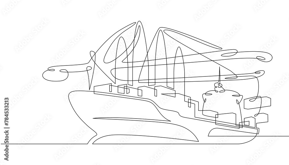 Poster one continuous line. cargo seaport. pier with loading cranes. unloading arrived cargoes. port dock. 