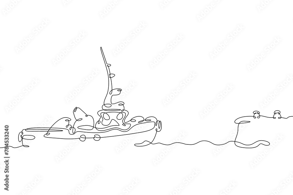 Poster one continuous line.cargo seaport. the tugboat is sailing in the harbor. port dock. sea ship tug. on
