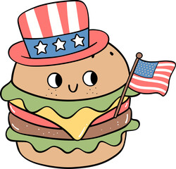 Retro Groovy 4th of July food hambuger Independence day festive cartoon doodle drawing