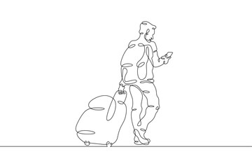 Fototapeta na wymiar One continuous line.A tourist with luggage is waiting for transport. Traveler with backpack and suitcase on vacation. Traveling man with luggage.One continuous line drawn isolated, white background.