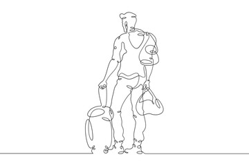 Fototapeta na wymiar One continuous line.A tourist with luggage is waiting for transport. Traveler with backpack and suitcase on vacation. Traveling man with luggage.One continuous line drawn isolated, white background.