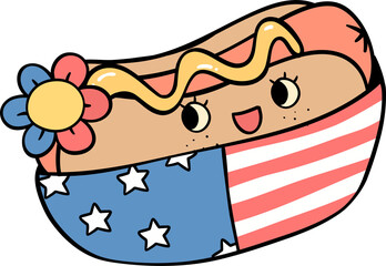 Retro Groovy 4th of July food hot dog Independence day festive cartoon doodle drawing