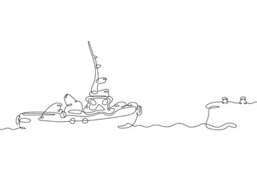 One continuous line.Cargo seaport. The tugboat is sailing in the harbor. Port dock. Sea ship tug. One continuous line drawn isolated, white background.
