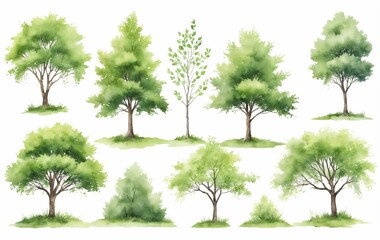 Art of watercolor trees with green leaves on white background