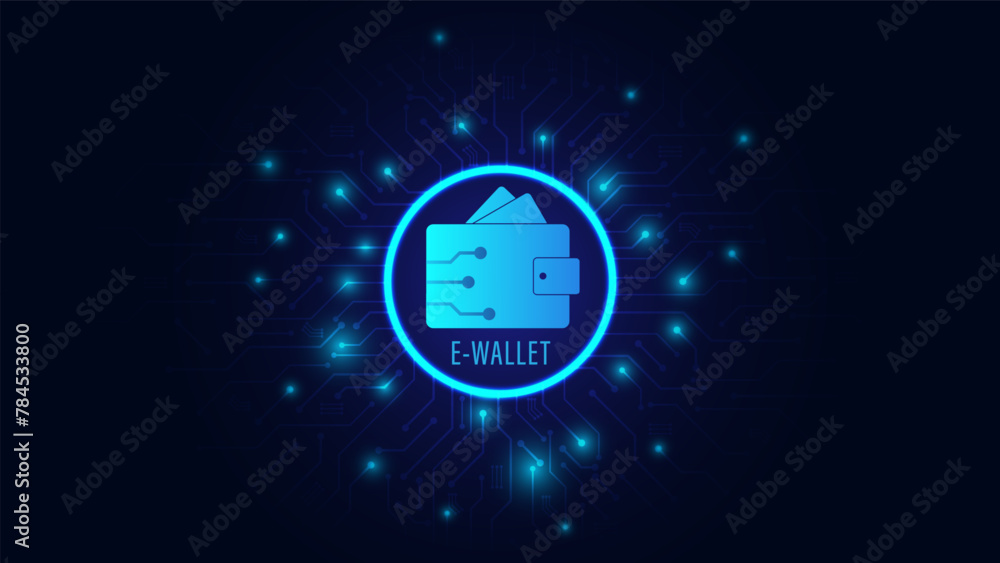 Poster digital wallet on dark blue circuit background. digital wallet application internet banking. mobile 