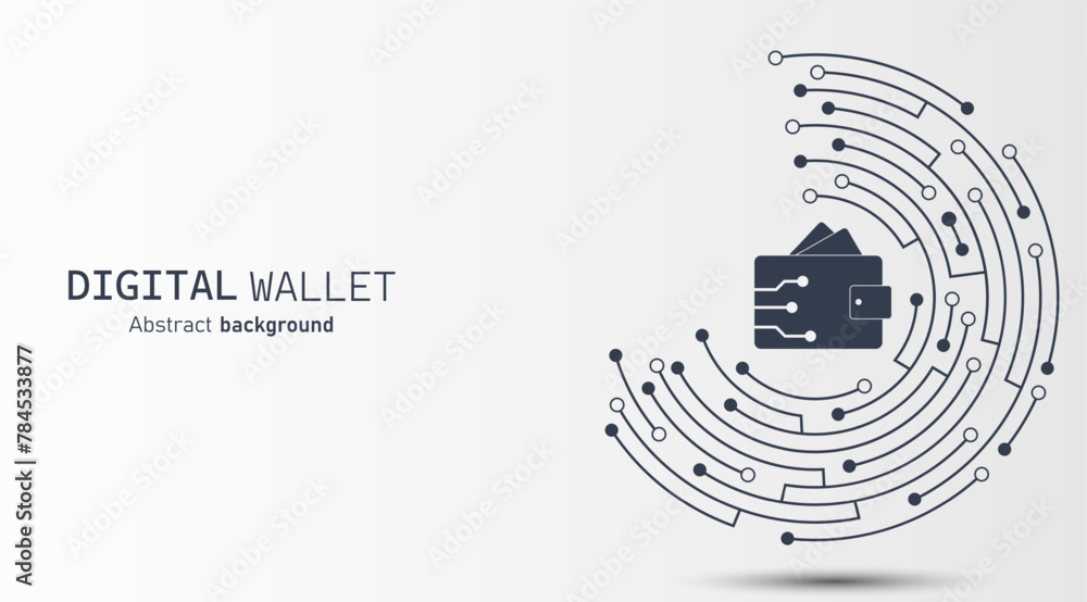 Poster digital wallet on dark blue circuit background. digital wallet application internet banking. mobile 