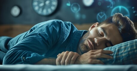 Person sleeping through an alarm clock, oblivious to time - obrazy, fototapety, plakaty