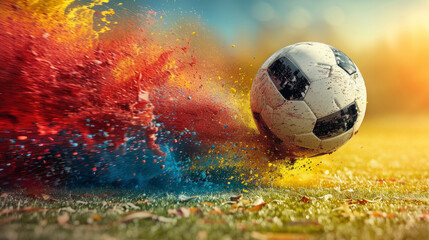 A soccer ball is kicked into the air and is surrounded by colorful powder