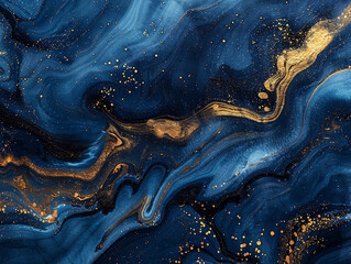 Liquid Swirls in Beautiful Navy Blue colors, with Gold Powder. Luxurious Design Wallpaper  - obrazy, fototapety, plakaty