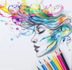 a drawing of a woman with colorful hair and pencils