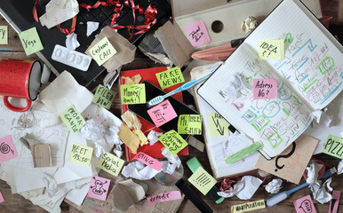 Messy workplace,chaotic office, overworked, bureaucracy,red tape concept with grungy desk,sticky notes and  various office supplies, chaotic mess. - 784534232