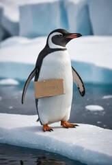 Adlie penguin holding sign on ice, Flightless bird in nature