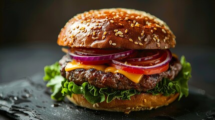 Gourmet Cheeseburger on Slate with Fresh Toppings and Sesame Bun