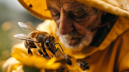 Man with beard holding a pollinator arthropod, a yellow insect, in his hand - obrazy, fototapety, plakaty