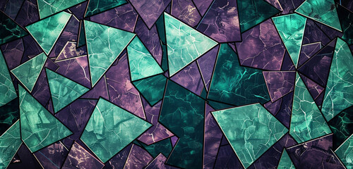 **: Striking teal triangles creating a modern Memphis pattern against a luxurious velvet violet...
