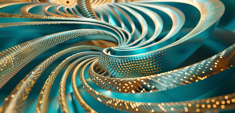 **: Turquoise and gold spirals dancing on a vivid groovy geometric landscape,