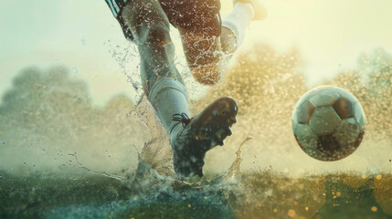 A soccer player kicks a ball in the air - obrazy, fototapety, plakaty