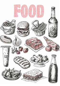 A vertical, hand-drawn image features a vibrant arrangement of food and kitchenware items, rendered in a two-toned color scheme of red and blue. At the center, large lettering spells out "FOOD" 