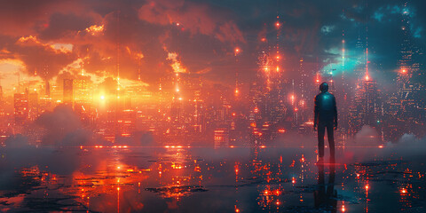 Turquoise Neon Urban Robot Teamwork - Abstract Geometric Collaboration Scene