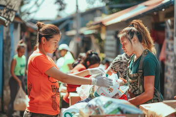 volunteers giving humanitarian aid to the victims