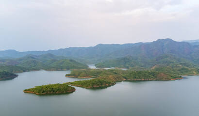 Aerial view of beautiful khuga lake or tuitha River and mountain view in mualtam manipur in India.