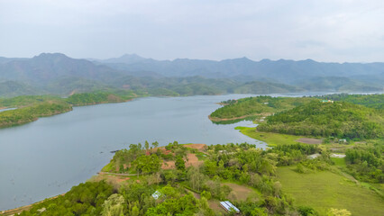 Aerial view of beautiful khuga lake or tuitha River and mountain view in mualtam manipur in India.