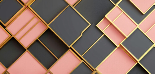  Distinct golden squares arranged in a captivating Memphis pattern against a seamless blush pink and noir backdrop.