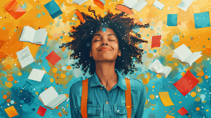a contented black woman with many flying books around her, symbolizing maturity and self-affirmation through reading