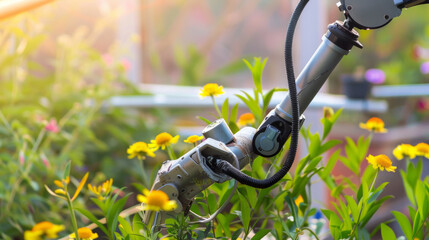 A robot is watering a garden - obrazy, fototapety, plakaty