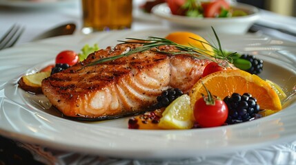 White Plate With Salmon and Berries