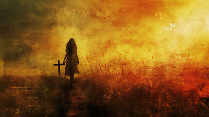 Fototapeta premium Faithful Journey: Woman with Cross, Walking the Path of Devotion