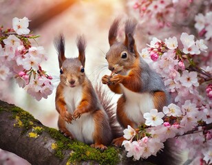Zwei Eichh&ouml;rnchen auf einem bl&uuml;henden Kirschbaum
