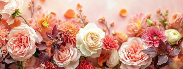 White background Autumn composition made of beautiful flowers on light backdrop. Floristic decoration