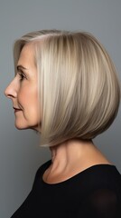 A photo of a woman with a blonde bob haircut from the side