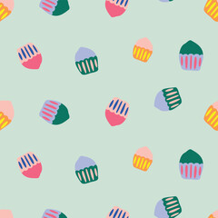 COLORFUL DOODLE CUPCAKES SEAMLESS PATTERN FOR KIDS, INFANT, TODDLER AND BABIES VECTOR ILLUSTRATION