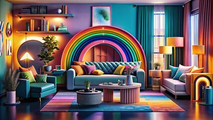 Colorful interior design of a living room with rainbow colors