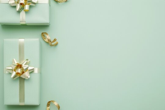 Three elegant green gift boxes with golden ribbons on a soft green background for celebrating special occasions