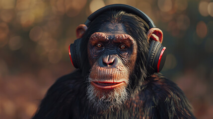 A monkey wearing headphones and smiling - obrazy, fototapety, plakaty