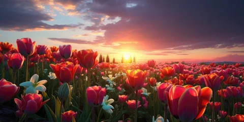 Foto op Canvas Beautiful banner with multi-colored tulips against a sunset background © syhin_stas