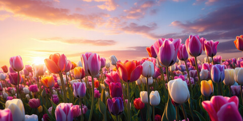 Beautiful banner with multi-colored tulips against a sunset background - obrazy, fototapety, plakaty