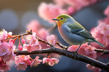 Beautiful exotic little bird on a blossoming sakura branch. Spring background, postcard.