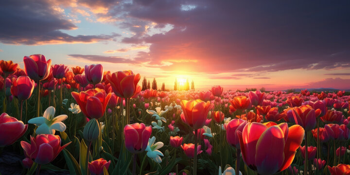 Beautiful banner with multi-colored tulips against a sunset background