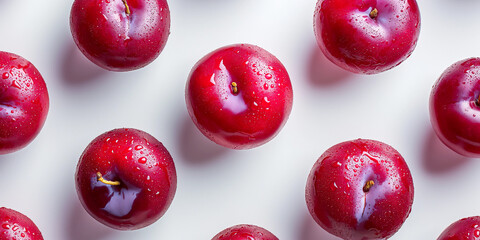 healthy and fresh purple plum fruit seamless wallpaper, plums, fruits, prunus, top view, isolated on a white background