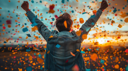 the view from behind of a man who, as a sign of victory and joy, raised his hands and a lot of colorful confetti is falling on him