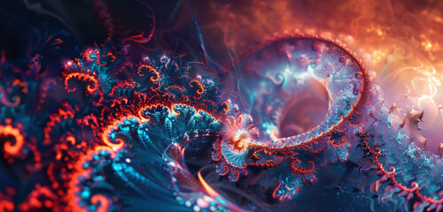 Fractal dance on vibrant red-blue, a cosmic canvas alive with intricate patterns.