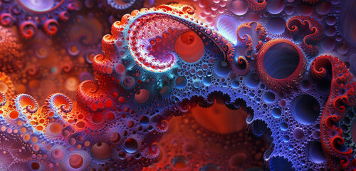  Fractal dance on vibrant red-blue, a cosmic canvas alive with intricate patterns.